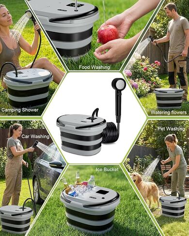 Spopal Portable Integrated Camping Shower with 20L Bucket, 13000mAh | Temperature Measurement & Fruit Washing Mode, LED Digital Display, IPX8 Waterproof for Hiking, Travel, Car, Pet in Saudi Arabia