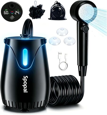 Spopal Portable Camping Shower Pump, 8000mAh Rechargeable with Night Light | LED Display Temp & Power, 5 Adjustable Speeds, 4 Spray Modes, Night Light Modes for Hiking, Travel, Car, Pet in Saudi Arabia