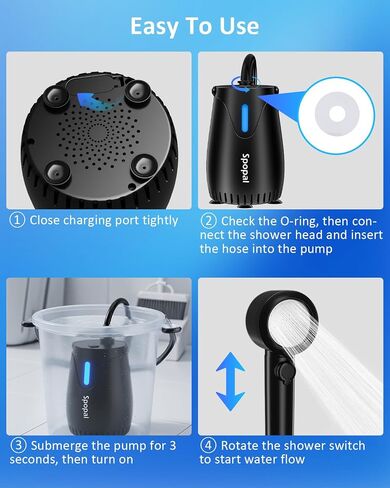 Spopal Portable Camping Shower Pump, 8000mAh Rechargeable with Night Light | LED Display Temp & Power, 5 Adjustable Speeds, 4 Spray Modes, Night Light Modes for Hiking, Travel, Car, Pet in Saudi Arabia