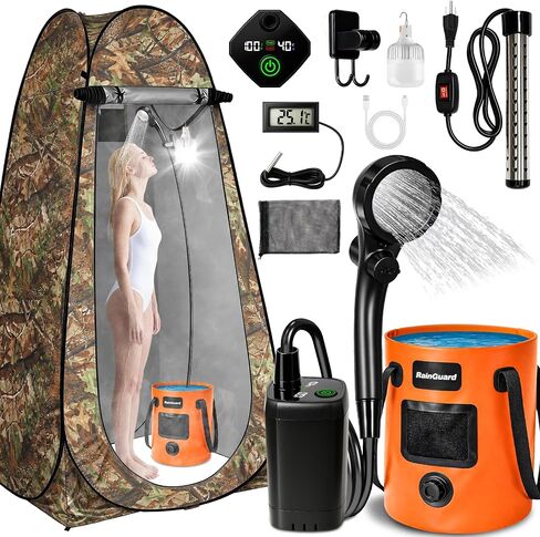 Portable Shower with Heater, Pop up Shower Privacy Tent with LED Lights, 6000mAh Camp Shower Pump, 6.6 Gallons Foldable Bucket, Outdoor Camping Shower Kit for Hiking, Beach, Pet Bath, Car Wash (Black) in Saudi Arabia