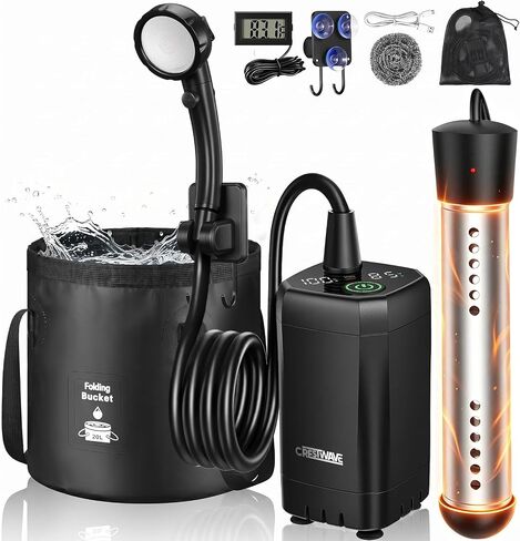 CRESTWAVE Camping Shower with Heater, 6000mAh Rechargeable Portable Shower | 2000W Auto-Off Heater, 4 Spray Modes, 20L Foldable Bucket, Intelligent LED Display, Outdoor Shower for Camping, Pet, Travel in Saudi Arabia
