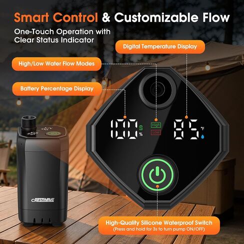 CRESTWAVE Camping Shower with Heater, 6000mAh Rechargeable Portable Shower | 2000W Auto-Off Heater, 4 Spray Modes, 20L Foldable Bucket, Intelligent LED Display, Outdoor Shower for Camping, Pet, Travel in Saudi Arabia