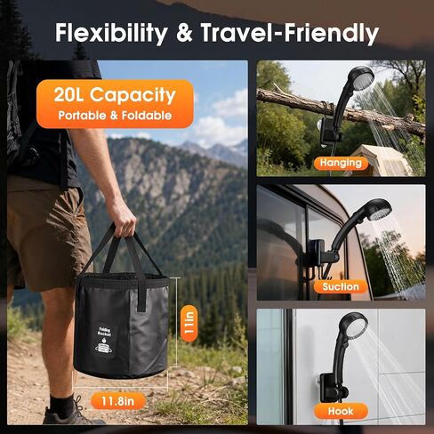 CRESTWAVE Camping Shower with Heater, 6000mAh Rechargeable Portable Shower | 2000W Auto-Off Heater, 4 Spray Modes, 20L Foldable Bucket, Intelligent LED Display, Outdoor Shower for Camping, Pet, Travel in Saudi Arabia