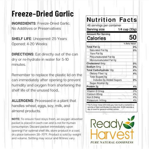 Ready Harvest Freeze Dried Food - Garlic | Emergency Food | Pantry Staples | #10 Can | 25-Year Shelf Life | Cans Filled to the Top in Saudi Arabia