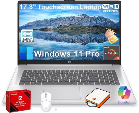 HP 17.3" Touchscreen Business Laptop, 20GB RAM, 1TB SSD, AMD Ryzen 5 7430U | Backlit Keyboard, Windows 11 Pro, Fast Charge, AI Copilot, 17.3" HD+ Anti-Glare Display, Wi-Fi 6, w/Accessories in Saudi Arabia
