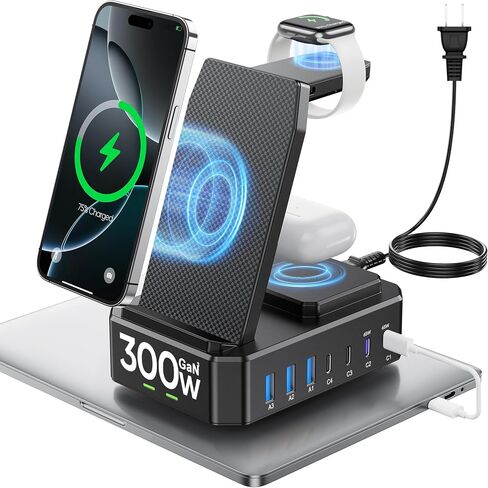 محطة شحن 300 واط لأجهزة متعددة Apple، شاحن لاسلكي zutspzss | قاعدة شحن سريعة 10 في 1 USB C 65W PD لأجهزة iPhone وMacBook وiWatch وAirpods (شحن لاسلكي فقط لأجهزة Apple) in Kuwait