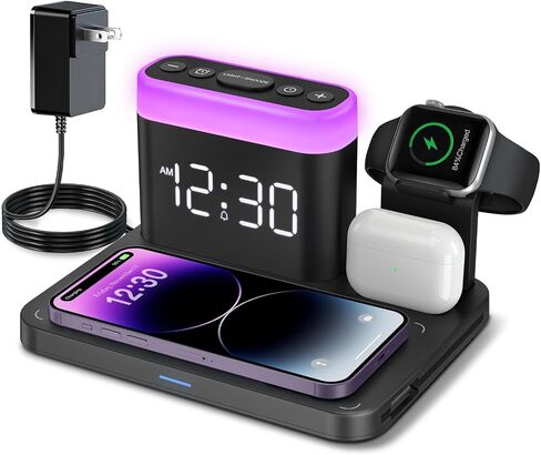 ANJANK Wireless Charging Station,5 in 1 Multiple Charger Stand with Alarm Clock,7 Night Light,Magnetic Charging Dock for iPhone 17 16 15 14 13 12 Pro Max Plus,Apple Watch 11/10/9/8,for Airpods,Bedroom in Kuwait