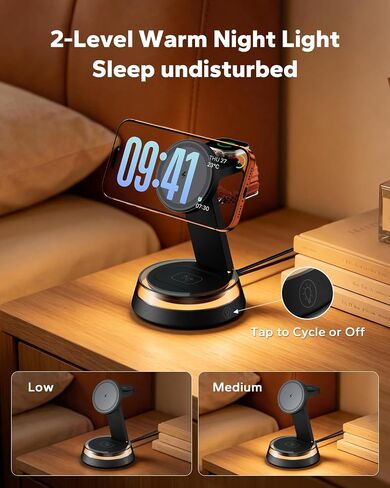 KPON 3 in 1 iPhone Nightstand Charging Station for MagSafe, 15W Fast Wireless Charger Stand with Night Light for Desk, Charging Dock for iPhone 17 16 15 13 12 / Apple Watch/AirPods, with 30W Adapter in Saudi Arabia