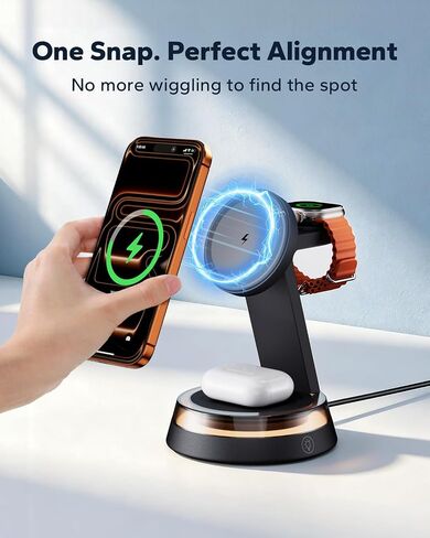 KPON 3 in 1 iPhone Nightstand Charging Station for MagSafe, 15W Fast Wireless Charger Stand with Night Light for Desk, Charging Dock for iPhone 17 16 15 13 12 / Apple Watch/AirPods, with 30W Adapter in Saudi Arabia