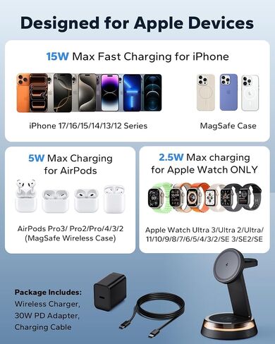 KPON 3 in 1 iPhone Nightstand Charging Station for MagSafe, 15W Fast Wireless Charger Stand with Night Light for Desk, Charging Dock for iPhone 17 16 15 13 12 / Apple Watch/AirPods, with 30W Adapter in Saudi Arabia