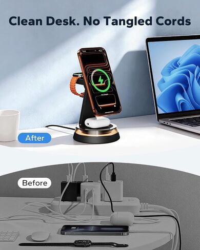 KPON 3 in 1 iPhone Nightstand Charging Station for MagSafe, 15W Fast Wireless Charger Stand with Night Light for Desk, Charging Dock for iPhone 17 16 15 13 12 / Apple Watch/AirPods, with 30W Adapter in Saudi Arabia