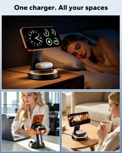 KPON 3 in 1 iPhone Nightstand Charging Station for MagSafe, 15W Fast Wireless Charger Stand with Night Light for Desk, Charging Dock for iPhone 17 16 15 13 12 / Apple Watch/AirPods, with 30W Adapter in Saudi Arabia