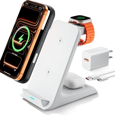 Eazpower Wireless Charger for Thick Cases of 10MM/Otterbox/Heavy Duty, 3 in 1 Charging Dock for iPhone 17 16 15 14 Pro Max, Phone Stand Charging Station for Multiple Devices for Apple Watch/AirPods in Saudi Arabia