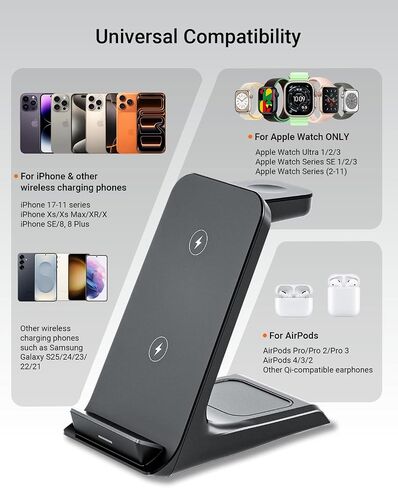 Eazpower Wireless Charger for Thick Cases of 10MM/Otterbox/Heavy Duty, 3 in 1 Charging Dock for iPhone 18 17 16 15 Pro Max, Phone Stand Charging Station for Multiple Devices for Apple Watch/AirPods in Kuwait