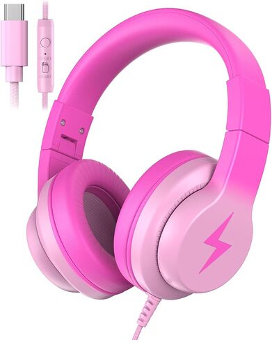 Candy Bila USB C Kids Headphones with Mic, Wired Over-Ear for Boys Girls | 85/94dB Volume Limited, HD Stereo Sound, Adjustable Fit, Foldable Design for School, Travel, iPad, Tablets, Gradient Pink in Kuwait