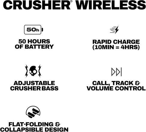 Skullcandy Crusher Wireless Multi-Sensory Bass Bluetooth Headphones - Black | Patented Crusher Bass Technology, Noise Isolating Over-Ear Fit, 50 Hours Battery, Microphone for iPhone Android in Kuwait