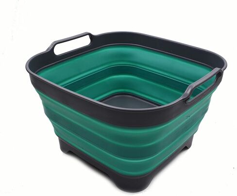 SAMMART 10L (2.64 Gallon) Collapsible Dishpan with Draining Plug - Foldable Washing Basin - Portable Dish Washing Tub - Space Saving Kitchen Storage Tray (1, Grey/Turquoise Blue) in Saudi Arabia