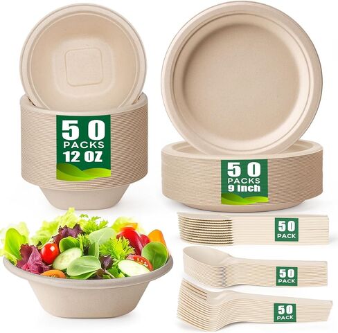 Gezond 250PCS Disposable Paper Plates and Bowls Set with Long Utensils | Compostable Plates Eco-Friendly Dinnerware Set Includes Sugarcane Plate, Bowls, Forks, Knives Spoons for Camping Picnic in Saudi Arabia