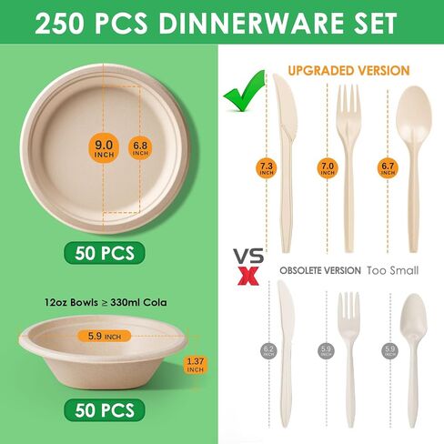 Gezond 250PCS Disposable Paper Plates and Bowls Set with Long Utensils | Compostable Plates Eco-Friendly Dinnerware Set Includes Sugarcane Plate, Bowls, Forks, Knives Spoons for Camping Picnic in Saudi Arabia