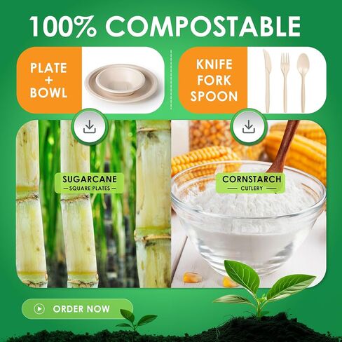 Gezond 250PCS Disposable Paper Plates and Bowls Set with Long Utensils | Compostable Plates Eco-Friendly Dinnerware Set Includes Sugarcane Plate, Bowls, Forks, Knives Spoons for Camping Picnic in Saudi Arabia
