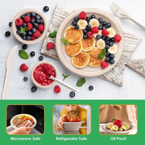 Gezond 250PCS Disposable Paper Plates and Bowls Set with Long Utensils | Compostable Plates Eco-Friendly Dinnerware Set Includes Sugarcane Plate, Bowls, Forks, Knives Spoons for Camping Picnic in Saudi Arabia