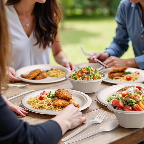 Gezond 250PCS Disposable Paper Plates and Bowls Set with Long Utensils | Compostable Plates Eco-Friendly Dinnerware Set Includes Sugarcane Plate, Bowls, Forks, Knives Spoons for Camping Picnic in Saudi Arabia