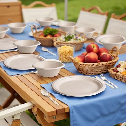 Gezond 250PCS Disposable Paper Plates and Bowls Set with Long Utensils | Compostable Plates Eco-Friendly Dinnerware Set Includes Sugarcane Plate, Bowls, Forks, Knives Spoons for Camping Picnic in Saudi Arabia