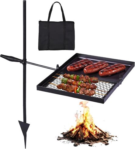 Outvita Swivel Campfire Grill Skillet Combo, Portable Heavy Duty, Black | Height Adjustable Camping Grill Grate, Grill Pan and Carry Bag in Kuwait