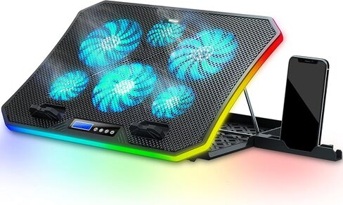 TopMate C12 Laptop Cooling Pad RGB Gaming Notebook Cooler for Desk/Lap Use | Laptop Fan Stand 8 Adjustable Heights with 6 Quiet Fans and Phone Holder, for 15.6-17.3 Inch Laptops-Ice Blue LED Light in Saudi Arabia