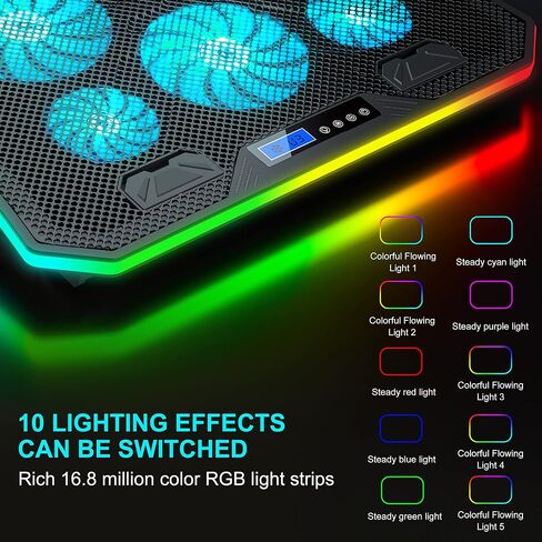 TopMate C12 Laptop Cooling Pad RGB Gaming Notebook Cooler for Desk/Lap Use | Laptop Fan Stand 8 Adjustable Heights with 6 Quiet Fans and Phone Holder, for 15.6-17.3 Inch Laptops-Ice Blue LED Light in Saudi Arabia