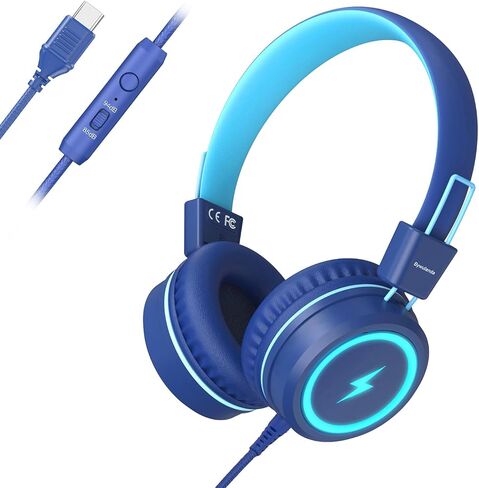 Bywulanda Kids Headphones with LED Lights, USB Type C Headphones for School | 85/94dB Volume Limit, On Ear Headphones with Microphone, Wired Foldable, Stereo Sound, for iPad/Tablet/Travel/Gift, Blue in Kuwait