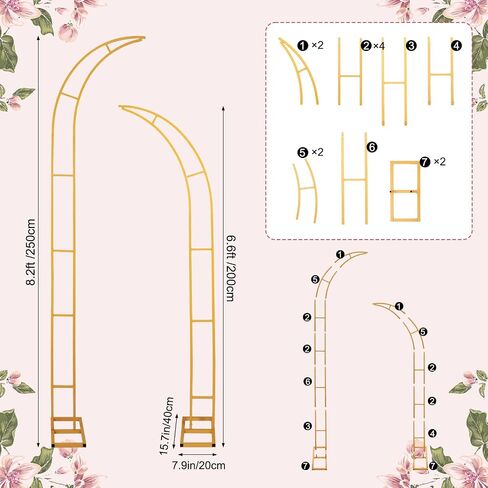 Gold Wedding Flower Arch Stand – 2-Pack Curved Half Arch Backdrop Frames (6.6 ft & 7.9 ft) for Ceremony, Proposal, Bridal Shower, Garden Party – Metal Event Frame for Floral & Balloon Decorations in Saudi Arabia