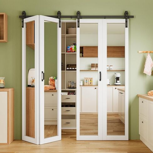 24"x84" HD Explosion-Proof Mirror Bi Fold Barn Door and Hardware, Handle | Pre-Assembled Panel & Paintable Primed White Finish Bifold Barn Door, Bi-Fold Sliding Barn Door for Pantry Laundry Closet in Saudi Arabia
