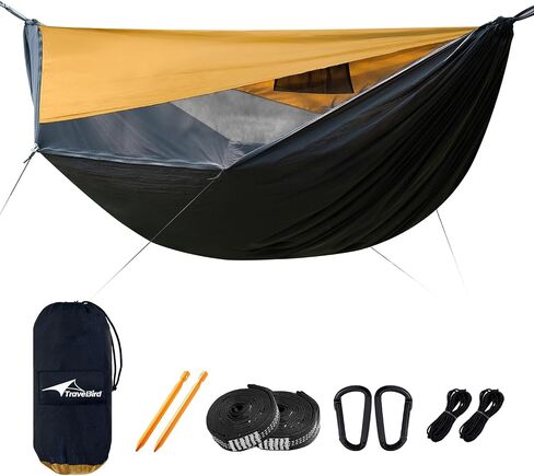 Camping Hammock with Mosquito Net and Ridge Rope, 2 Person Extra Large | 114" x 55" Lay-Flat Oval, 440 lb Capacity, 550 lb Stable Ridge Rope, 70D Ripstop Nylon, 1.8 lb, Zip-Open Net in Kuwait