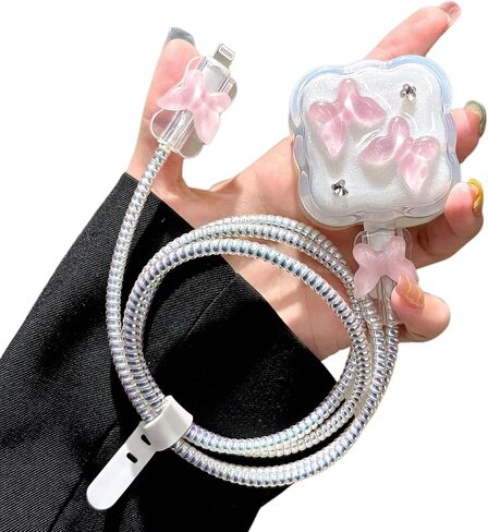 Charger Protector for iPhone 18W/20W USB Charger Cover,Cute 3D Pink Butterfly Design with Pretty Flower for Women Girl,Wavy Shape Glitter DIY Charging Cable Protector,iPhone Cord Cover in Saudi Arabia
