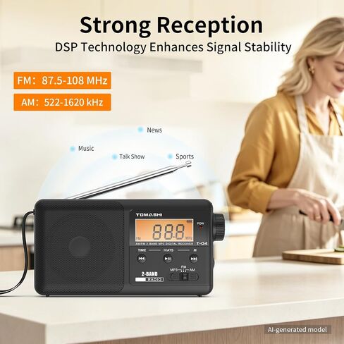 TOMASHI Portable AM FM Radio, USB-C Rechargeable Auto Scan Radio | Large tuning knob, clock display and Micro SD MP3 player. Speaker and headphone jack for home and outdoor use. in Kuwait