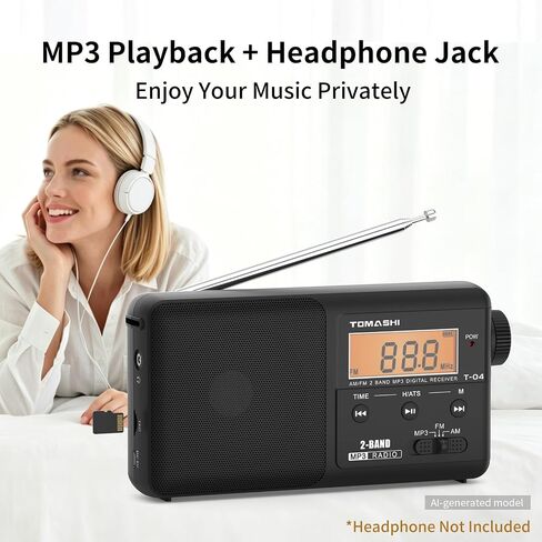 TOMASHI Portable AM FM Radio, USB-C Rechargeable Auto Scan Radio | Large tuning knob, clock display and Micro SD MP3 player. Speaker and headphone jack for home and outdoor use. in Kuwait