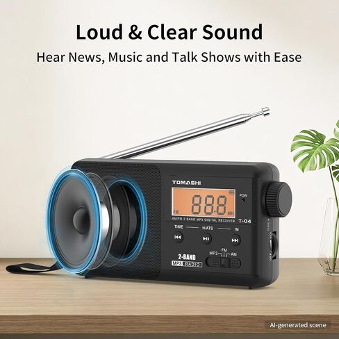 TOMASHI Portable AM FM Radio, USB-C Rechargeable Auto Scan Radio | Large tuning knob, clock display and Micro SD MP3 player. Speaker and headphone jack for home and outdoor use. in Kuwait