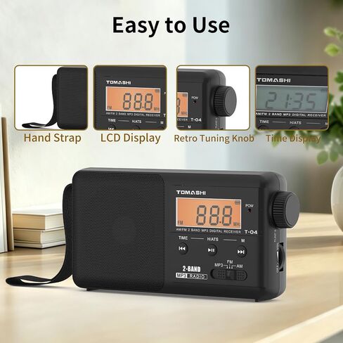 TOMASHI Portable AM FM Radio, USB-C Rechargeable Auto Scan Radio | Large tuning knob, clock display and Micro SD MP3 player. Speaker and headphone jack for home and outdoor use. in Kuwait