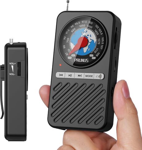PRUNUS J162 Pocket Radio AM FM with Bluetooth Earphone Output | Headphone Stereo Playback, Micro SD Playback, Back Clip, Rechargeable, Mini Radio, Bluetooth Speaker in Saudi Arabia