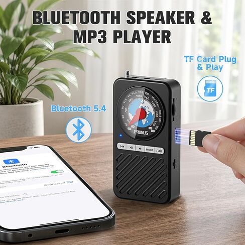 PRUNUS J162 Pocket Radio AM FM with Bluetooth Earphone Output | Headphone Stereo Playback, Micro SD Playback, Back Clip, Rechargeable, Mini Radio, Bluetooth Speaker in Saudi Arabia