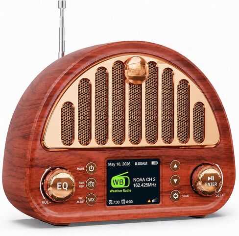 Vintage FM Radio with Bluetooth & NOAA Weather Alerts & Alarm Clock | 40 FM Presets, Digital Tuning LCD Color Screen, USB-C Rechargeable, Retro Style for Home Office Bedroom Kitchen Tabletop in Saudi Arabia