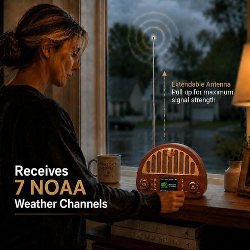 Vintage FM Radio with Bluetooth & NOAA Weather Alerts & Alarm Clock | 40 FM Presets, Digital Tuning LCD Color Screen, USB-C Rechargeable, Retro Style for Home Office Bedroom Kitchen Tabletop in Saudi Arabia