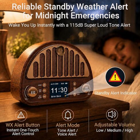 Vintage FM Radio with Bluetooth & NOAA Weather Alerts & Alarm Clock | 40 FM Presets, Digital Tuning LCD Color Screen, USB-C Rechargeable, Retro Style for Home Office Bedroom Kitchen Tabletop in Saudi Arabia