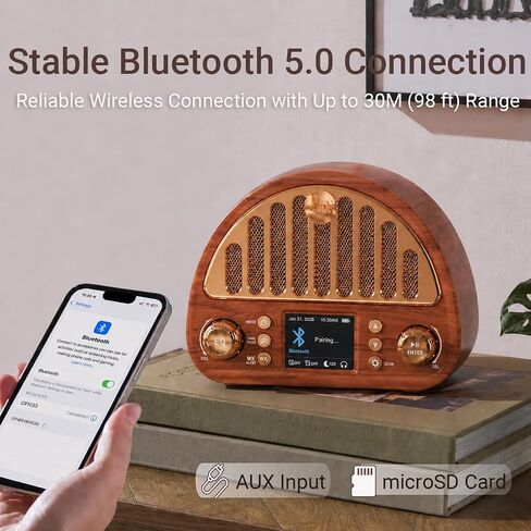 Vintage FM Radio with Bluetooth & NOAA Weather Alerts & Alarm Clock | 40 FM Presets, Digital Tuning LCD Color Screen, USB-C Rechargeable, Retro Style for Home Office Bedroom Kitchen Tabletop in Saudi Arabia