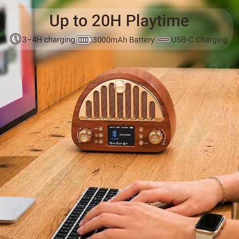 Vintage FM Radio with Bluetooth & NOAA Weather Alerts & Alarm Clock | 40 FM Presets, Digital Tuning LCD Color Screen, USB-C Rechargeable, Retro Style for Home Office Bedroom Kitchen Tabletop in Saudi Arabia