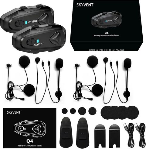 Q4 Motorcycle Bluetooth Communication System Headset Intercom, 4 Riders 1500m Music Sharing, FM, Noise Cancellation, IP65 Waterproof, Dual Pack (Q4) in Kuwait