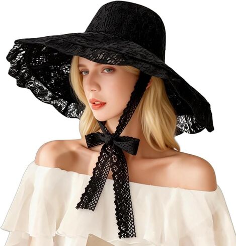 Women Lace Beach Sun Hat Floppy Wide Brim Fishermen Hat Foldable Bowler Bucket Cap Outdoor Travel Sunshade Cap Church Hats in Kuwait