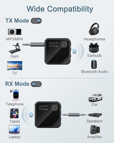 Upgrade Bluetooth 5.4 Car Adapter with 16-Hour Battery, 2-in-1 Hi-Fi Stereo Wireless Transmitter/Receiver for Car, Home Stereo, Headphones, Hands-Free Calling in Saudi Arabia