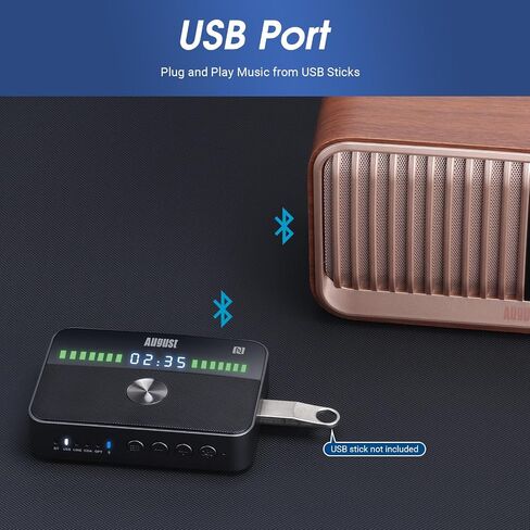 August MR285 Bluetooth Transmitter Receiver NFC AUX Optical TV Adapter | Bluetooth 5.3, RCA, Coaxial & USB, Rechargeable Battery, Dual Audio, Wired Bypass in Saudi Arabia